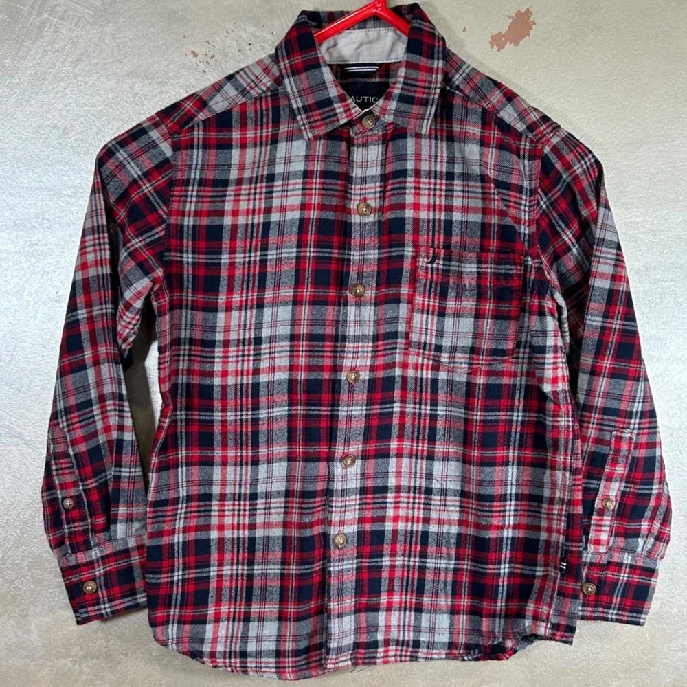Nautica Kids Red Navy Blue Plaid Flannel Button Down Shirt Size Small 8